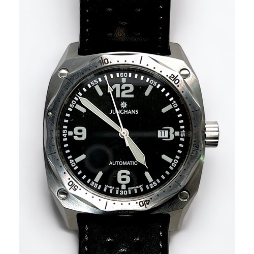 95 - A gents stainless steel automatic wristwatch by Junghan, the black enamel dial with batons denoting ... 