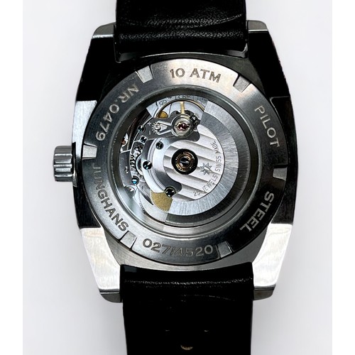 95 - A gents stainless steel automatic wristwatch by Junghan, the black enamel dial with batons denoting ... 