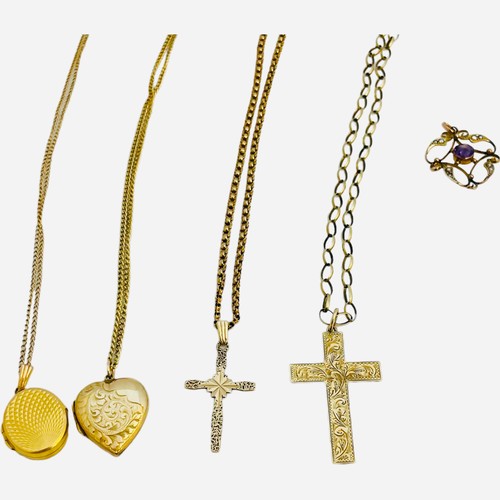 165 - A 9ct gold necklace and cross pendant, a gold cross, a 9ct gold fine chain and locket, a 9ct gold fr... 