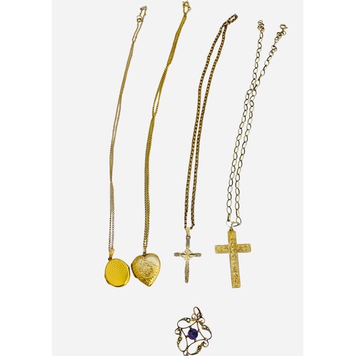 165 - A 9ct gold necklace and cross pendant, a gold cross, a 9ct gold fine chain and locket, a 9ct gold fr... 