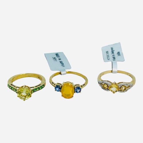 190 - Three various 9ct yellow gold dress rings, all set with various coloured stones, total weight 7.0 gr... 