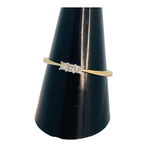 189 - A 9ct yellow gold ring, claw set with three princess cut diamonds, estimated total diamond weight 0.... 