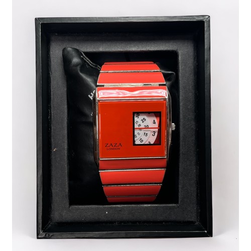 100 - A ladies Zaza London wristwatch, in stainless steel case with coral finish and unusual three-wheel d... 