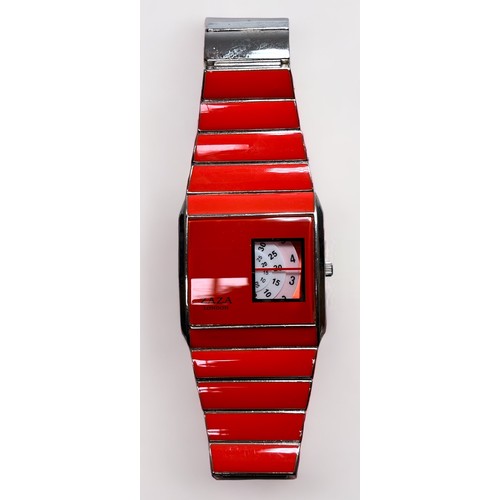 100 - A ladies Zaza London wristwatch, in stainless steel case with coral finish and unusual three-wheel d... 