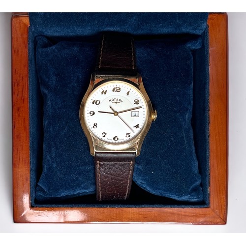 101 - A gents 9ct gold Rotary wristwatch, the white enamel dial with Arabic numerals denoting hours and da... 