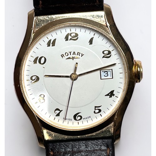 101 - A gents 9ct gold Rotary wristwatch, the white enamel dial with Arabic numerals denoting hours and da... 