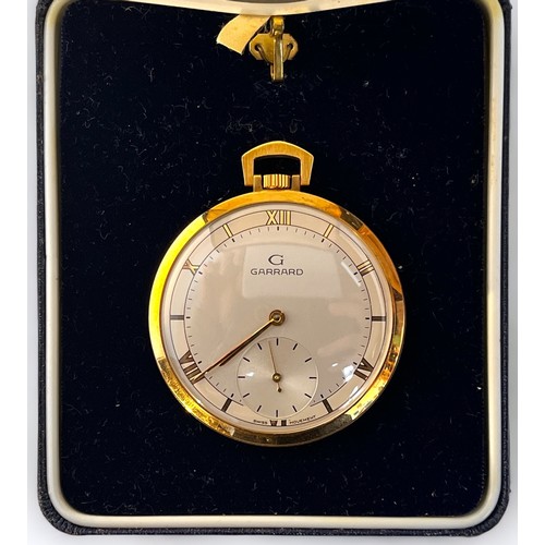 98 - A 9ct gold cased Garrard open-face pocket watch, the silvered dial with Roman numerals denoting hour... 