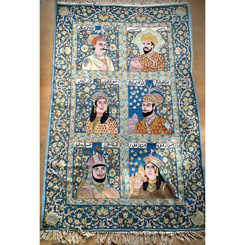 401 - A Kashmiri handmade woollen crewelwork wall hanging with six panels depicting historic figures from ... 