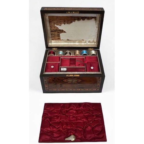 291 - A 19th century brass-bound walnut writing slop, a parquetry and walnut ladies sewing box and mahogan... 