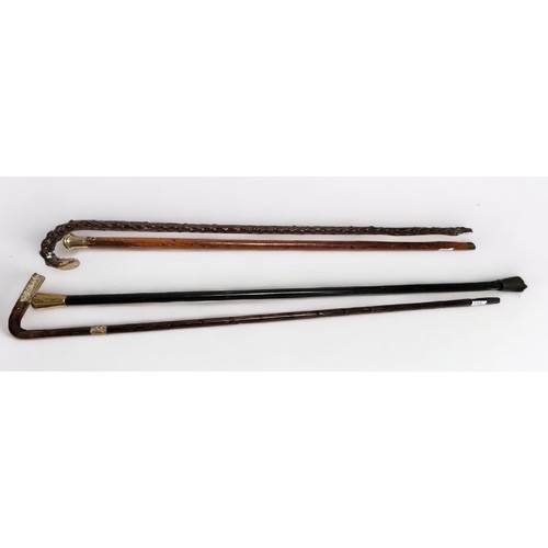 296 - Four walking canes comprising an Edwardian Blackthorn walking cane with 9ct gold-capped hook handle,... 