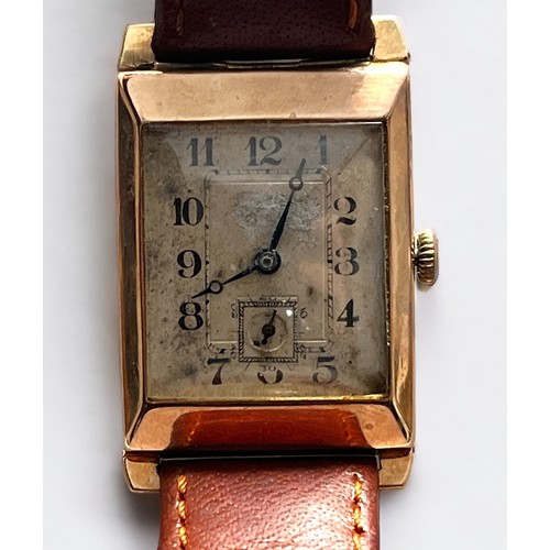 115 - An Art Deco 9ct gold cased manual wind Rolex wristwatch, the white square enamel dial with Arabic nu... 