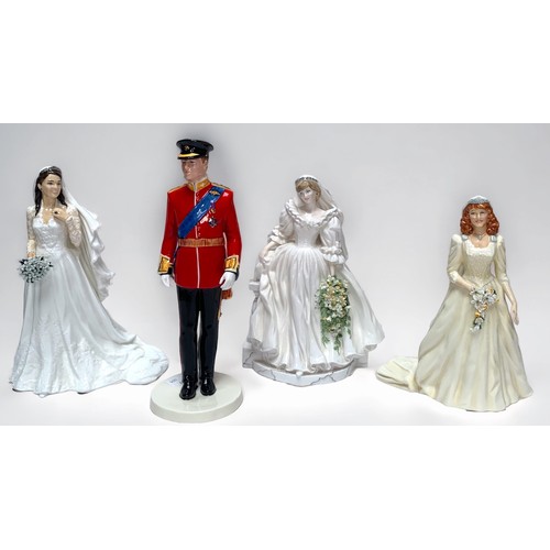 25 - Three fine bone china figures modelled as Royals on their wedding days, by Royal Doulton, Coalport a... 