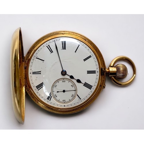 127 - An 18ct gold half-hunter pocket watch, the white enamel dial with Roman numerals denoting hours and ... 