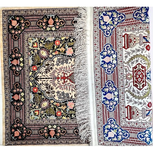 406 - A hand-knotted Persian silk prayer rug, finely worked in multi-coloured silk with Mihrab and central... 