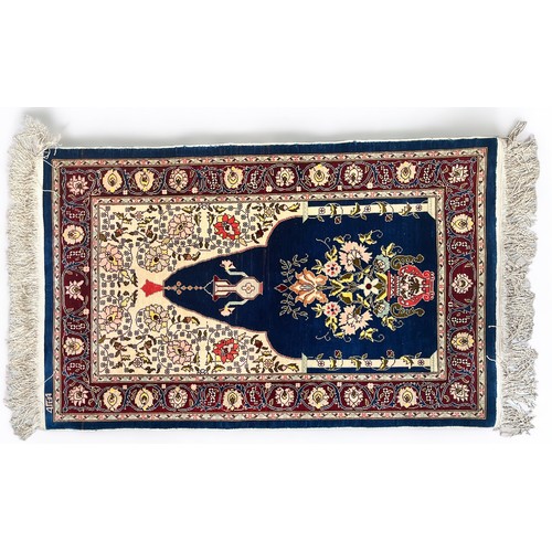 408 - A hand-knotted Persian silk prayer rug, finely work in multi-coloured silk with Mihrab and central f... 