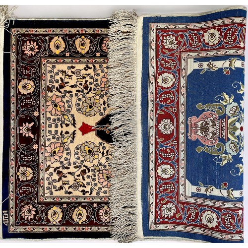 408 - A hand-knotted Persian silk prayer rug, finely work in multi-coloured silk with Mihrab and central f... 