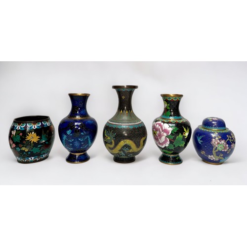 36 - Three various Oriental cloisonné footed vases of shaft and globular form, including one depicting tw... 