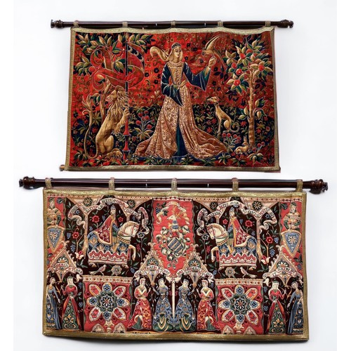 403 - Two various 20th century applique quilted wall hangings in the Medieival Flemish style, one 'La Dame... 