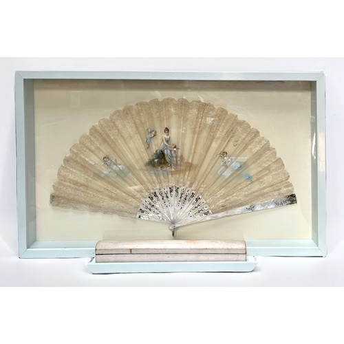 316 - A 19th century mother of pearl and lace fan by Duvelleroy (Jean-Pierre Duvelleroy) decorated with a ... 