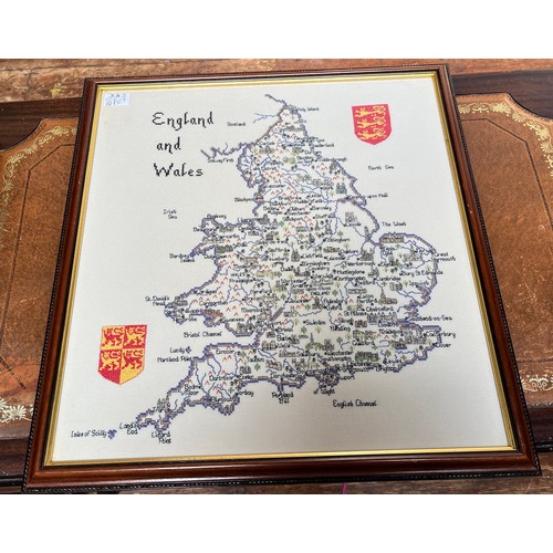 333 - Two embroidered maps, one for Hampshire, the other England and Wales, both framed and glazed, larges... 