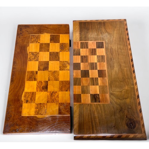 319 - Two various hand-made Chess/Draughts boards, each made from various burr-woods and hinged to provide... 