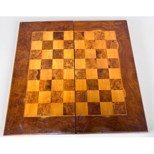 319 - Two various hand-made Chess/Draughts boards, each made from various burr-woods and hinged to provide... 