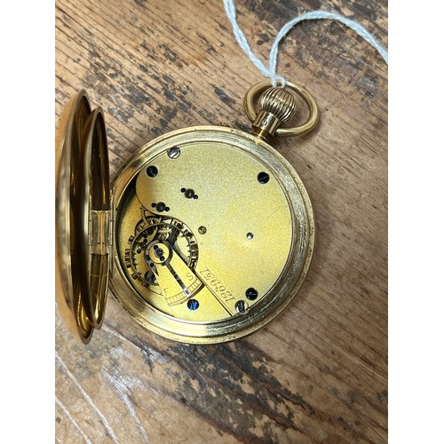 127 - An 18ct gold half-hunter pocket watch, the white enamel dial with Roman numerals denoting hours and ... 