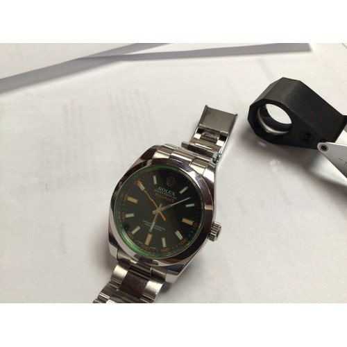 112 - A gents stainless steel Rolex Milgauss model 116400GV/72400 C.2014, the green dial with applied bato... 