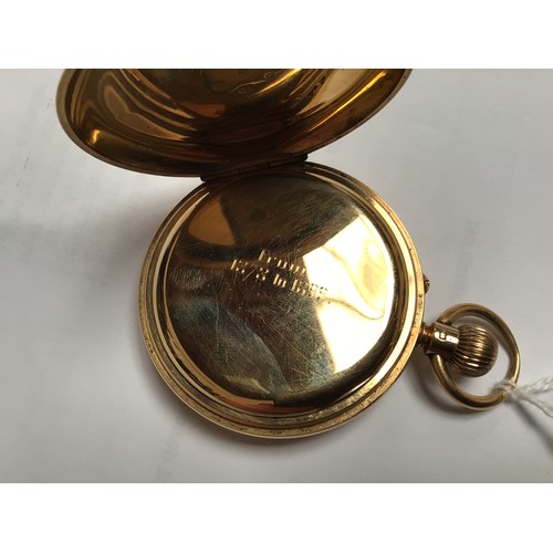 127 - An 18ct gold half-hunter pocket watch, the white enamel dial with Roman numerals denoting hours and ... 