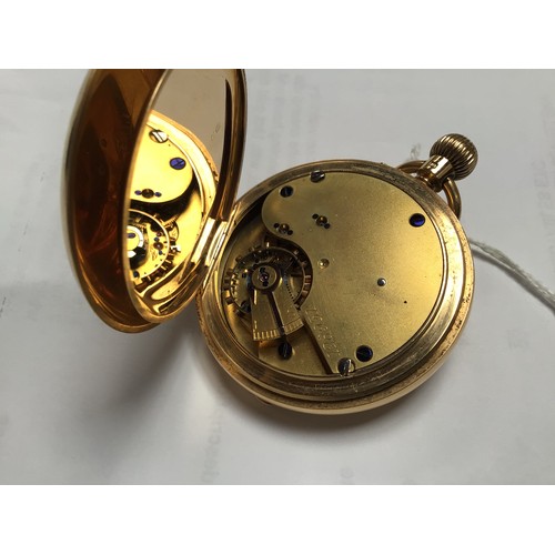 127 - An 18ct gold half-hunter pocket watch, the white enamel dial with Roman numerals denoting hours and ... 