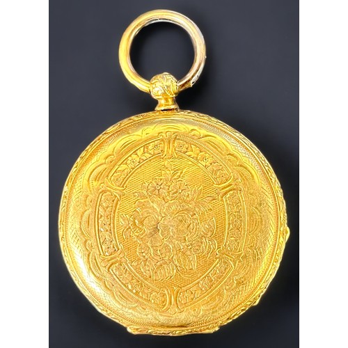 125 - A continental 18ct gold cased open-face pocket watch, the gilt dial with floral decoration and black... 