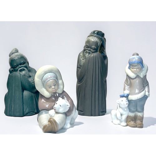 16 - Two Lladro matt and glazed figures of Chinese sages, one standing, the other seated, and two Lladro ... 