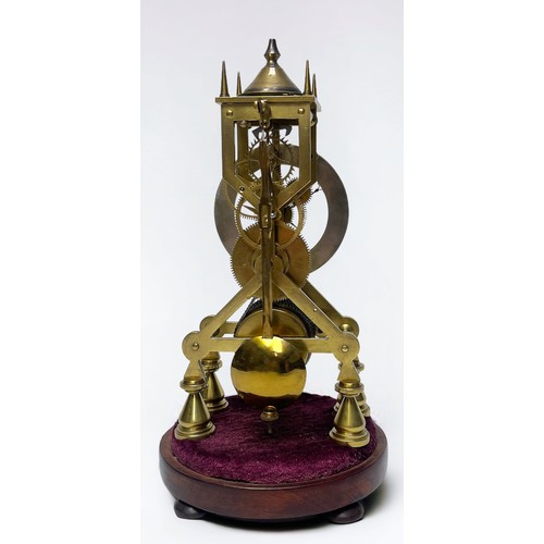 399 - A brass skeleton clock, the silvered chapter ring with Roman numerals denoting hours, with fusee mov... 