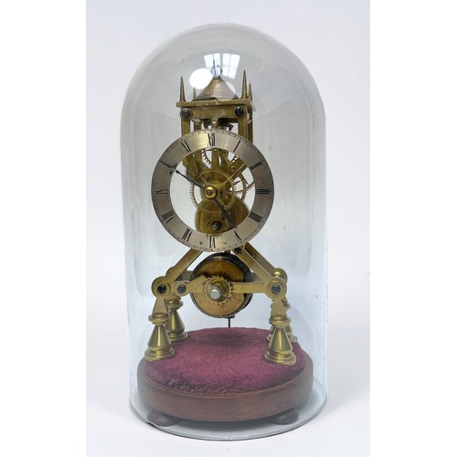 399 - A brass skeleton clock, the silvered chapter ring with Roman numerals denoting hours, with fusee mov... 