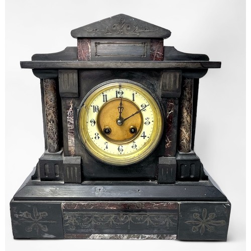 398 - A Victorian slate and marble mantel clock, the white enamel chapter wheel with Arabic numerals denot... 