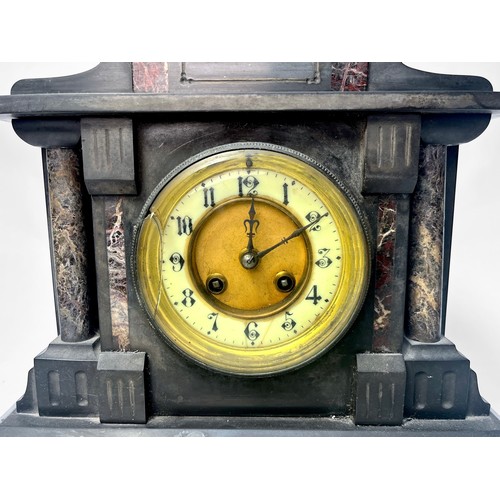 398 - A Victorian slate and marble mantel clock, the white enamel chapter wheel with Arabic numerals denot... 