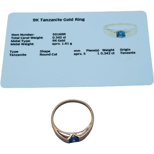 190 - A 9ct rose gold dress ring, tension set with a round faceted Tanzanite, weight of stone 0.34cts, rin... 