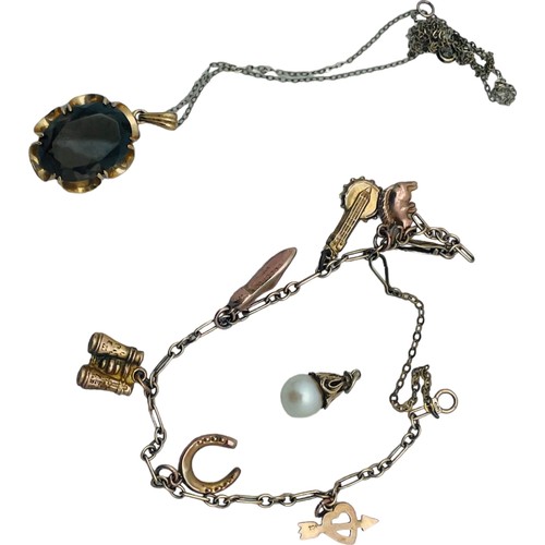 222 - A 9ct gold small charm bracelet, a 9ct gold pearl pendant, a 9ct gold pendant set with a Smokey quar... 