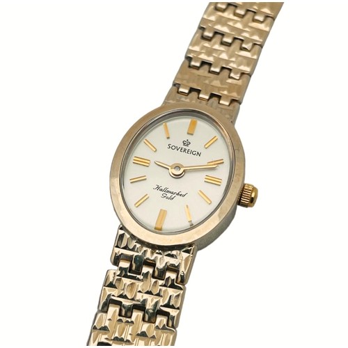 225 - A 9ct gold ladies cocktail watch by Sovereign, with gold bracelet, in original box, 14.6 grams.