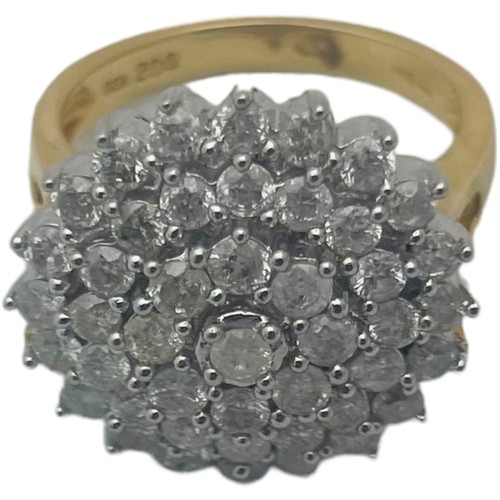 201 - An 18ct yellow gold diamond flower cluster dress ring, set with 46 x round brilliant cut diamonds, t... 