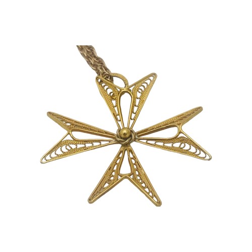 230 - An 18ct yellow gold filigree openwork Maltese cross, on 9ct gold chain, total weight 5.1 grams.