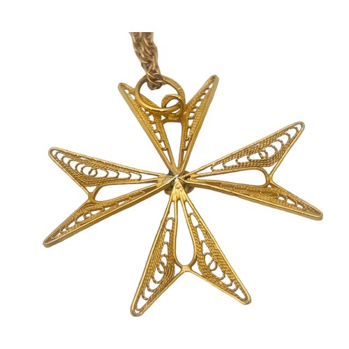 230 - An 18ct yellow gold filigree openwork Maltese cross, on 9ct gold chain, total weight 5.1 grams.