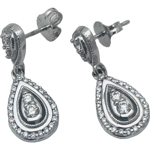 211 - A pair of 9ct white gold drop earrings, each main drop, set with two round brilliant cut diamonds to... 