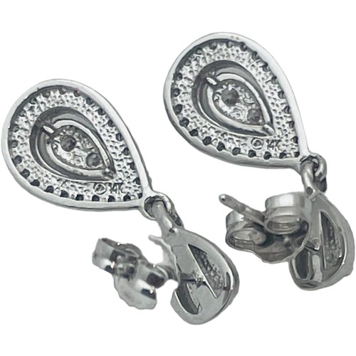 211 - A pair of 9ct white gold drop earrings, each main drop, set with two round brilliant cut diamonds to... 