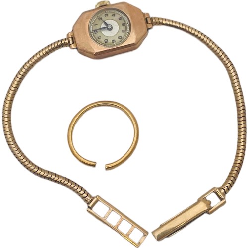 239 - A 9ct gold cocktail watch, on 9ct gold snake-link bracelet, weighs 12.7 grams, together with a 22ct ... 