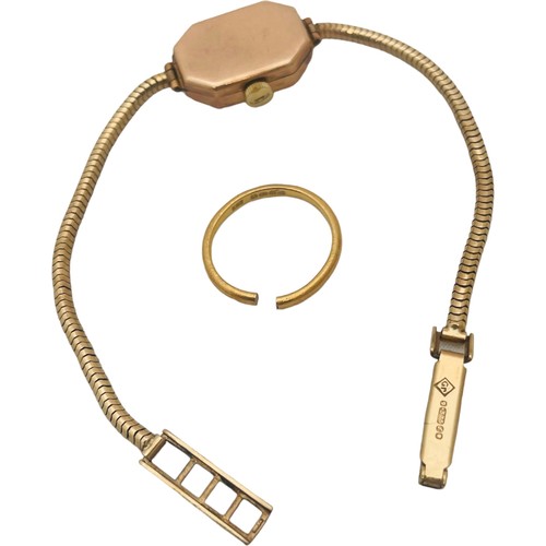 239 - A 9ct gold cocktail watch, on 9ct gold snake-link bracelet, weighs 12.7 grams, together with a 22ct ... 