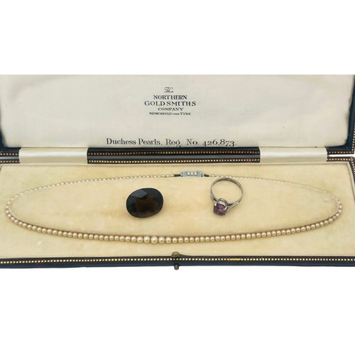 245 - A faux pearl necklace, with silver clasp, in original box, by Northern Goldsmiths Company, together ... 