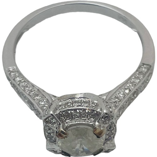 246 - A 14ct white gold ring, set with a round brilliant cut cloudy diamond, with further diamonds surroun... 