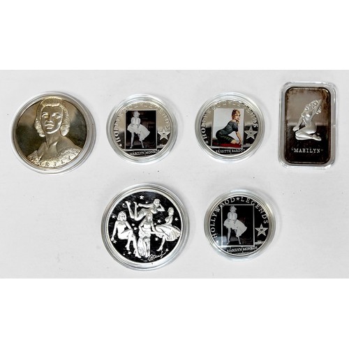 262 - Marilyn Monroe portrait collectors Coins: comprising 2x Ag 25g, 1x Ag 31.1g, 1 x Troy oz Ag, 1x Troy... 