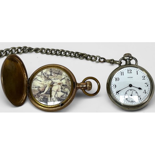 149 - A gilt-metal full-hunter pocket watch with erotic-pictorial dial and a nickel-silver pocket watch an... 